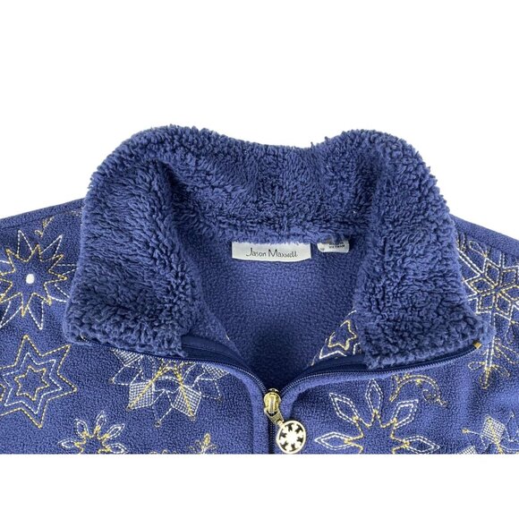 Jason Maxwell Women's Jacket Top Blue Embroidered Long Sleeve Zip Sherpa Coat XL - Picture 2 of 6